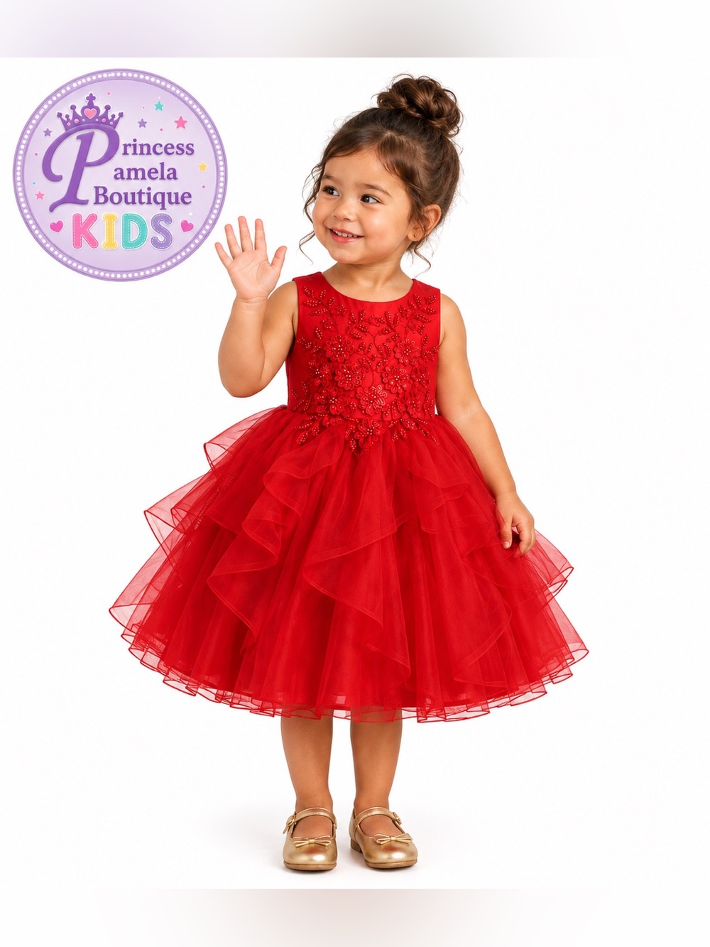 #107-15 Toddler Vibrant red 3D sequins flower/pageant girl toddler dress-Size 2T